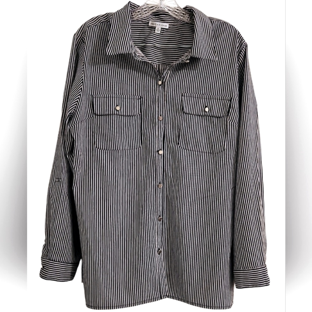 Notations Women's Button Down Shirt - Black/White Stripes - XL